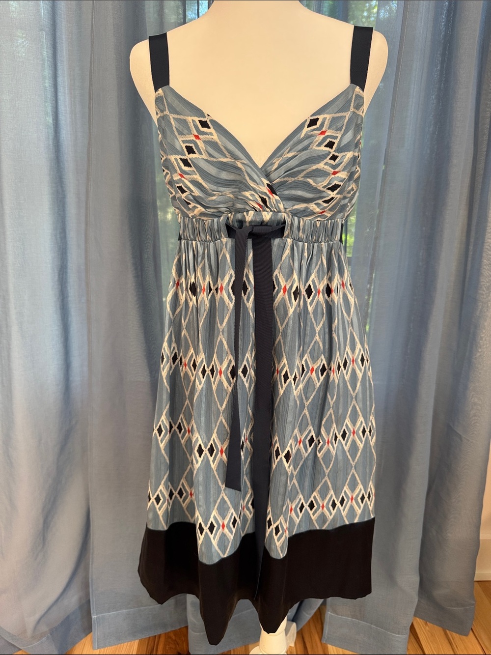 Blue Patterned Midi Dress with Navy Blue Accents